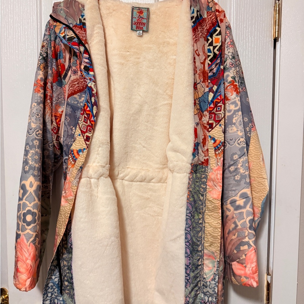Johnny Was Colorful Patchwork Women's Nylon and Sherpa Parka